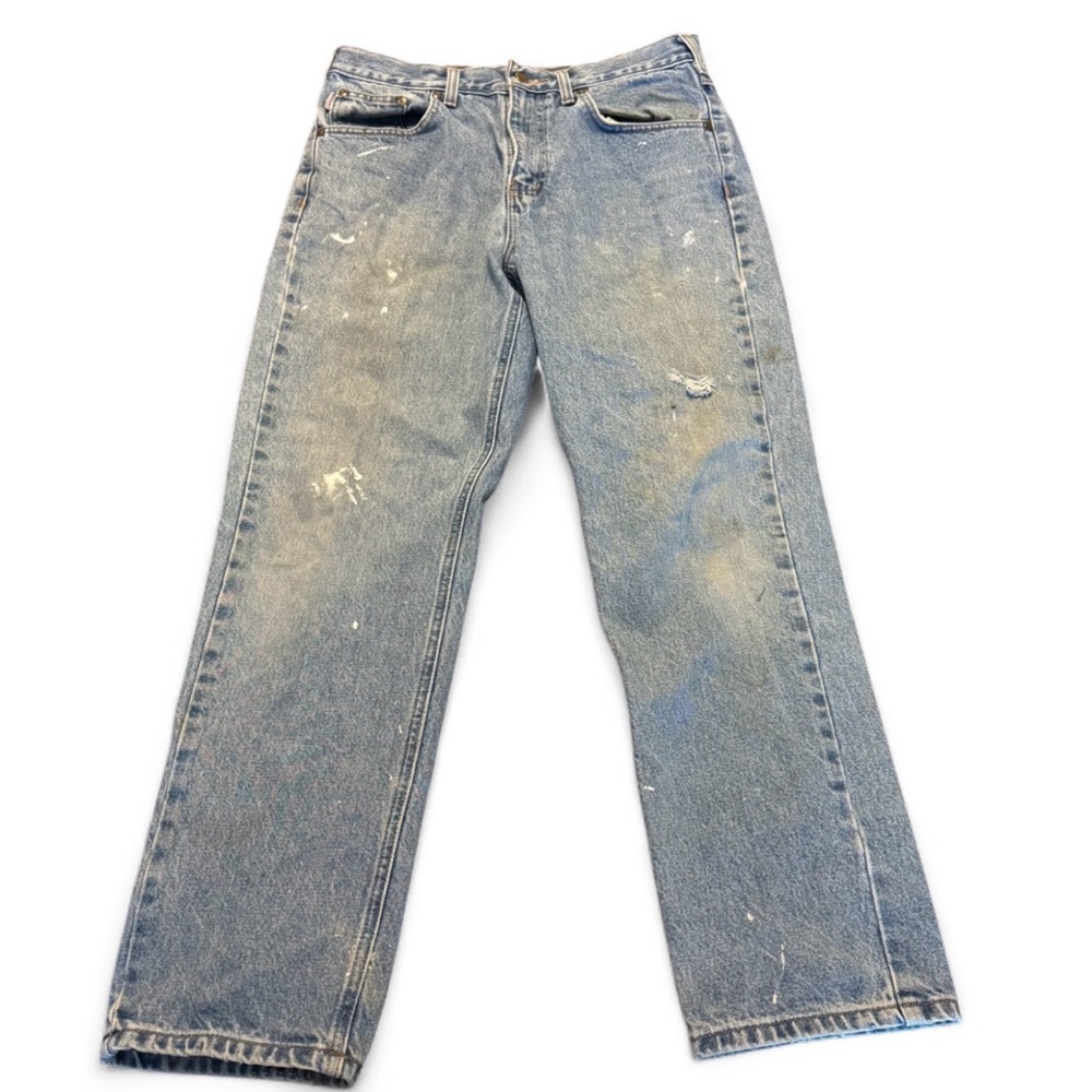Carhartt Straight Leg Distressed Thrashed Paint Splattered Blue Jeans Size 34/30